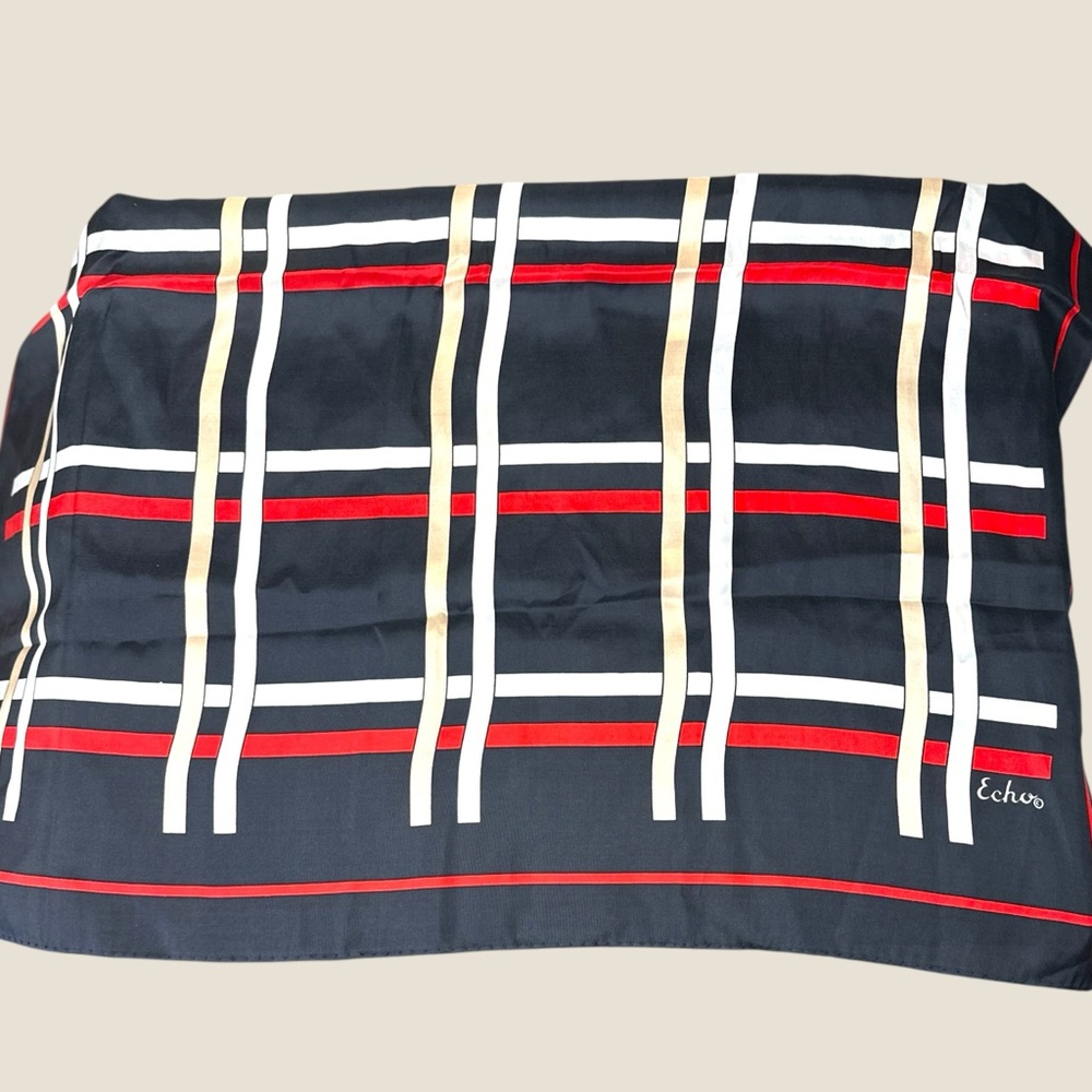 Echo Vintage Classic Elegant Navy‎ , Red ,Gold Plaid Scarf